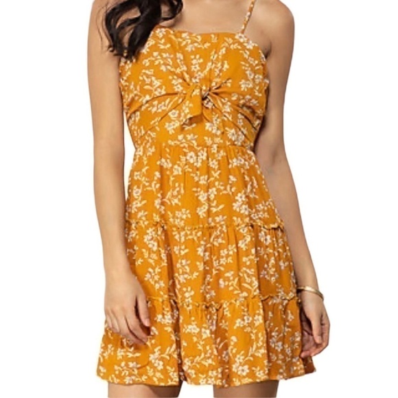 LoveRiche Floral Ruffle Mustard Yellow Dress Sz L - Picture 1 of 9